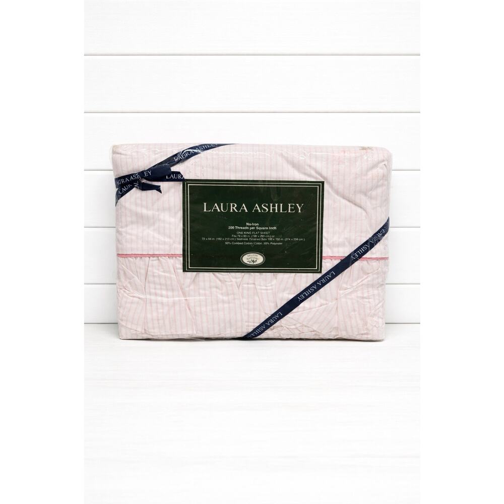 NEW Vintage Laura Ashley Ticking Stripe Pink White King Flat Sheet Ruffled Edge